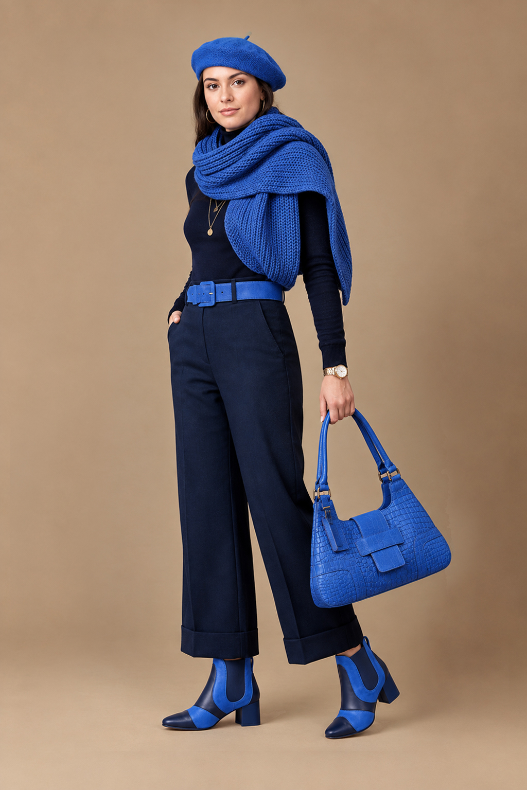 Women's navy blue and royal blue two-tone chelsea boots with round toe and low flared heel - Top view